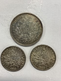1 pièce argent 5 francs 1873 atelier A, type Hercule et 2 pièces de 5 francs 1960