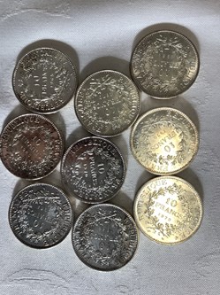 9 pièces 10 frs argent Hercule, 1965 à 70