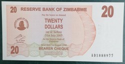 Zimbabwe P-040 20 dollars 2007