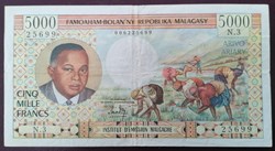 Madagascar P-060a 5000 francs-1000 ariary 1966
