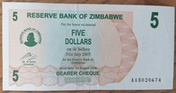Zimbabwe P-038 5 dollars 2006