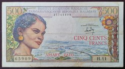 Madagascar P-058a.1 500 francs-100 ariary 1966