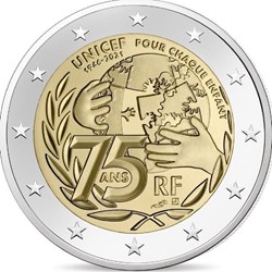 2 Euros 75e anniversaire de la création du Fonds des Nations unies pour l'enfance (Unicef)