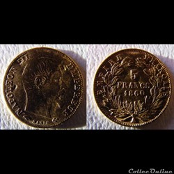 5 francs or Napoléon III, tête nue, grand module 1860 A