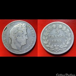 5 francs Louis-Philippe I - 2ème type (tête laurée - tranche en relief) 1835 W