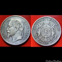 5 francs Napoléon III (tête laurée- Empire français) 1867 BB