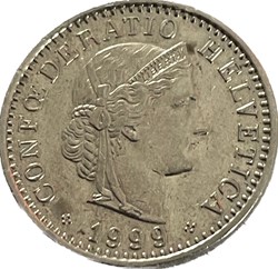 Suisse 20 centimes Tête de Libertas cupronickel 1999