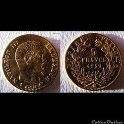 5 francs or Napoléon III, tête nue, grand module 1859 BB