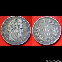 5 francs Louis-Philippe I - 2ème type (tête laurée - tranche en relief) 1841 W
