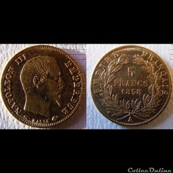 5 francs or Napoléon III, tête nue, grand module 1858 A