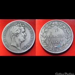 5 francs Louis - Philippe I (tête nue - tranche en creux) 1831 B