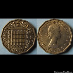 3 pence Elizabeth II (1ère effigie, sans "BRITT:OMN:") 1960