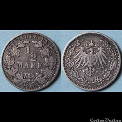 1/2 mark Wilhelm II (type 2, grand aigle) 1906 E