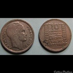 10 francs TURIN, grosse tête, rameaux courts 1947