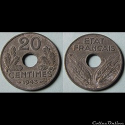 20 centimes ETAT FRANCAIS, légère 1943