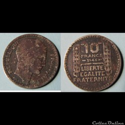10 francs TURIN, grosse tête, rameaux courts 1946