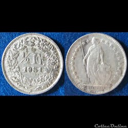 1/2 franc Helvetia debout (argent) 1951 B