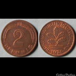 2 pfennig (acier plaqué) 1974 D