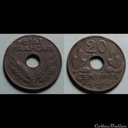 20 centimes ETAT FRANCAIS, lourde 1943