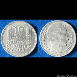 10 francs Turin (grosse tête, rameaux longs) 1945