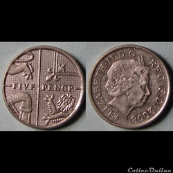 5 pence Elizabeth II (4ème effigie, type blason) 2008