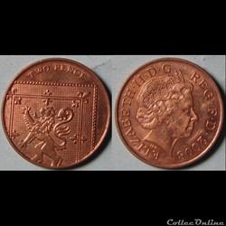 2 pence Elizabeth II (4ème effigie, type blason, acier plaqué) 2008