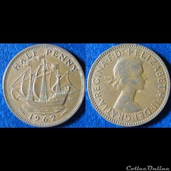 1/2 penny Elizabeth II (1ère effigie, sans "BRITT:OMN:") 1962