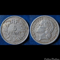 5 francs Lavrillier (aliminium, 9 ouvert) 1947 B