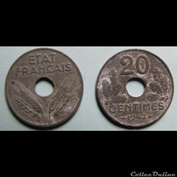20 centimes ETAT FRANCAIS, lourde 1942