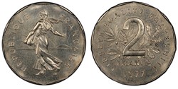 2 Francs 1977 Semeuse Présérie flan rond, listel à 11 pans (PCGS SP66)