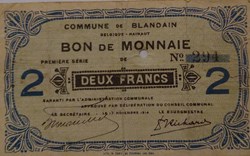 Bon de Monnaie - Commune de Blandain 1914