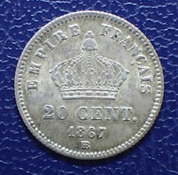 20 CENTIMES 1867 BB NAPOLEON III, tête laurée grand module