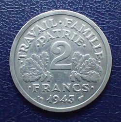 2 FRANCS 1943 B Etat Français