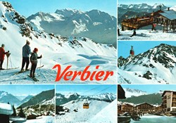 Verbier, carte avec 6 vues hivernales des pistes et installations (#V121)