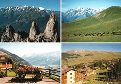 Verbier, carte avec 4 photos: clochetons Pierre Avoi, vaches, char et station (#V068)