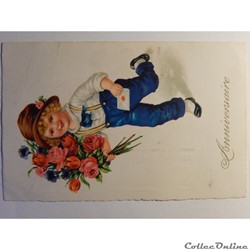 CPA d'anniversaire. Fille avec bouquet de fleurs.