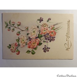 CPA d'heureux anniversaire avec un bouquet de fleurs.