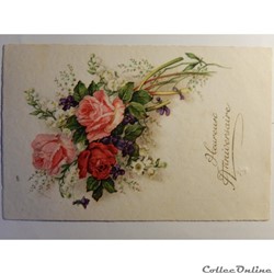 CPA d'heureux anniversaire avec un bouquet de fleurs.