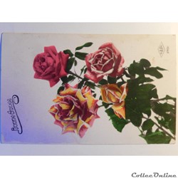 CPA de bonne année avec bouquet de roses.