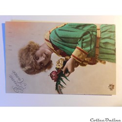 CPA de bonne année. Femme avec bouquet de fleurs.