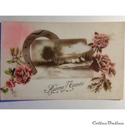 CPA de bonne année, roses, fer à cheval et paysage hivernal.