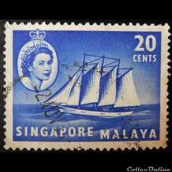 Singapour 00036 reine Elisabeth II et goélette îles cocos 20c de 1955