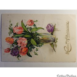 CPA d'heureux anniversaire avec un bouquet de fleurs.