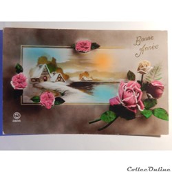 CPA de bonne année, roses et paysage hivernal.