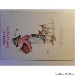 CPA d'heureux anniversaire bilingue. garçon et chien.