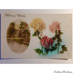 CPA de bonne fête avec bouquet de fleurs et paysage2.