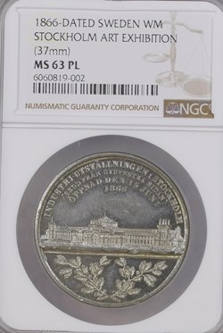 Sweden white metal Stockholm Art Exhibition Medal 1866-Dated NGC MS63 PL