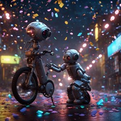 Célébration cosmique entre deux robots