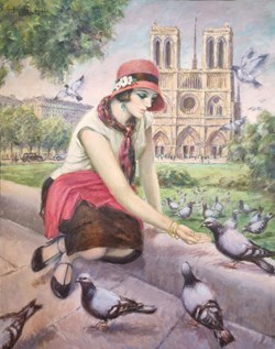 Jeune femme et pigeons près du parvis de Notre-Dame de Paris (François Batet)