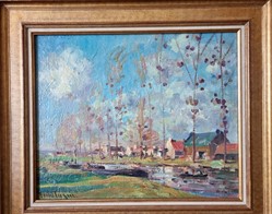 Bord du Cher avec péniche et peupliers (Georges Ferro La Grée)